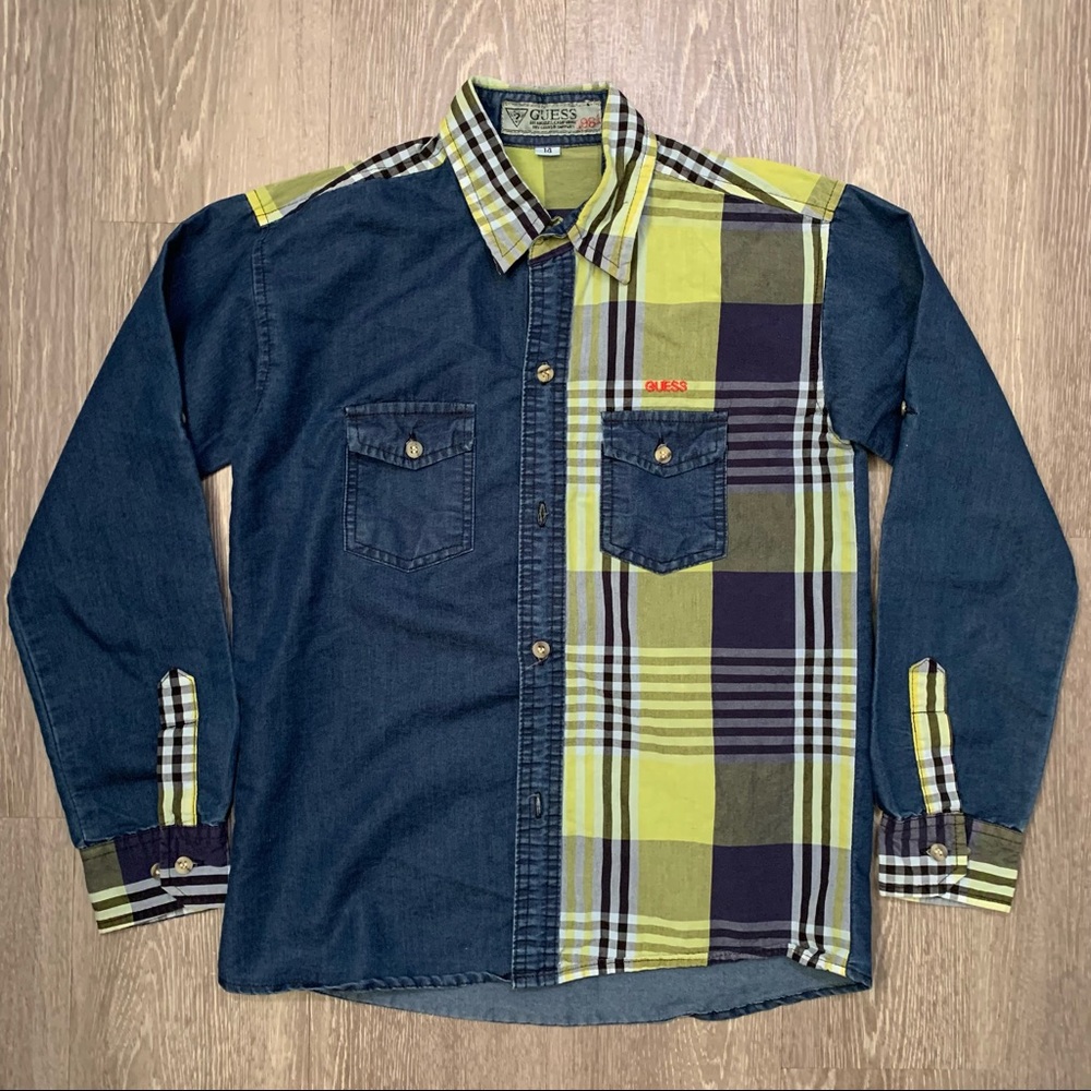 Guess Half Jean Half Plaid Button Up Long Sleeve Shirt Youth‎ Boy’s Size 14